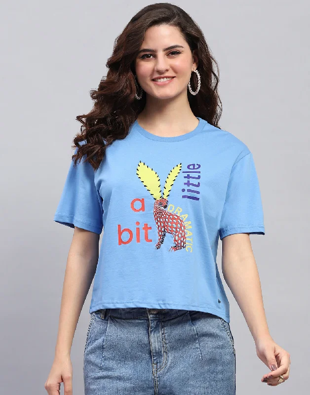 While Supplies Last Women Blue Printed Round Neck Half Sleeve Top