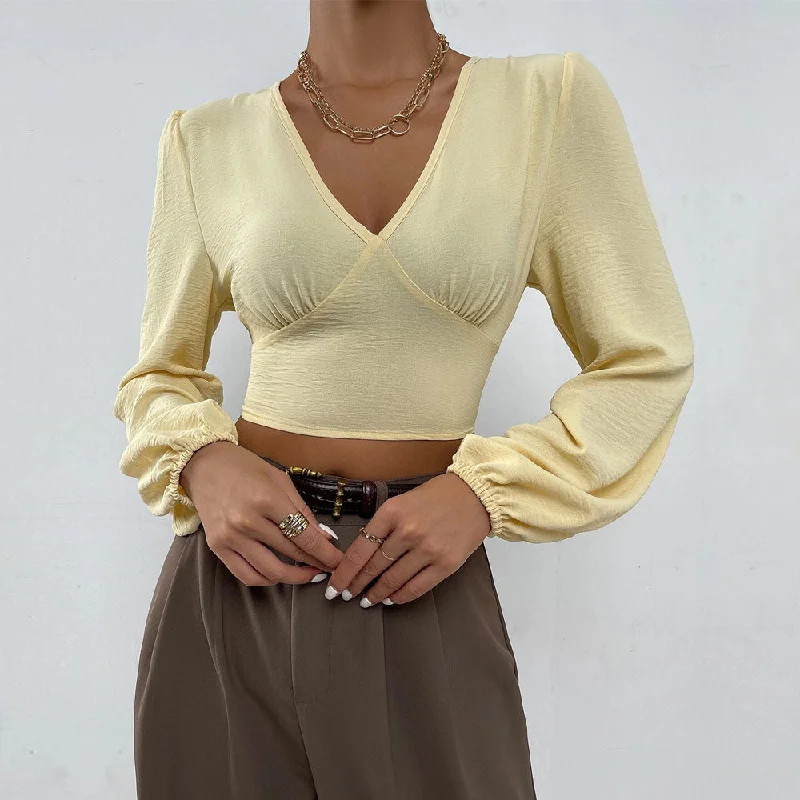 Final Markdown Sexy Solid Color Wholesale Crop Tops V-Neck Long-Sleeved Short Shirts