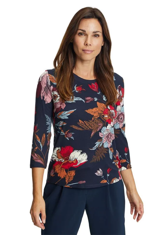 Best Deals Betty Barclay Autumn Leaf Print T-Shirt, Navy Multi
