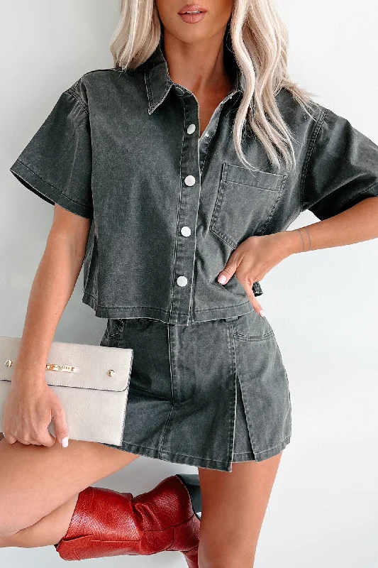 Weekend Discounts to Grab Tory Boxy Denim Button-Up Shirt (Washed Grey)