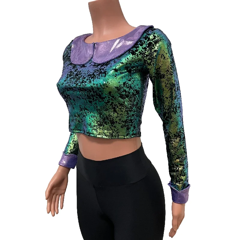 Weekend Offers That Excite Metallic Velvet Petal Collared Crop Top