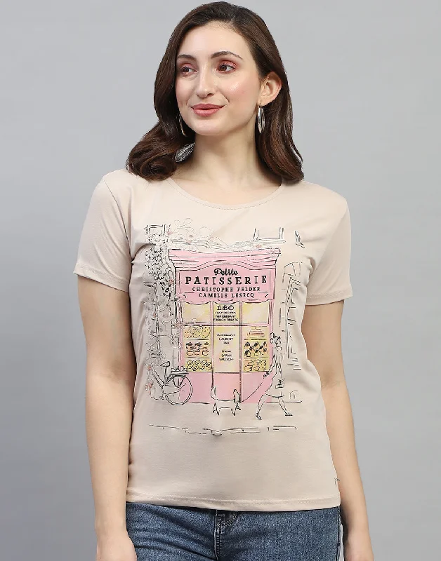 Weekend Specials to Celebrate Women Beige Printed Round Neck Half Sleeve Top