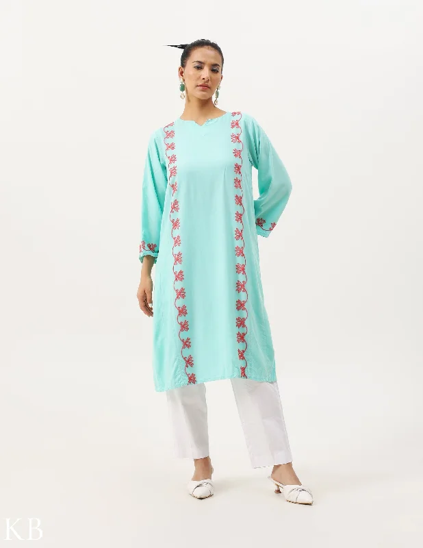 Extra Discounts Pamposh Panelled Aari Embroidery Cyan-Green Rayon Kurti Set