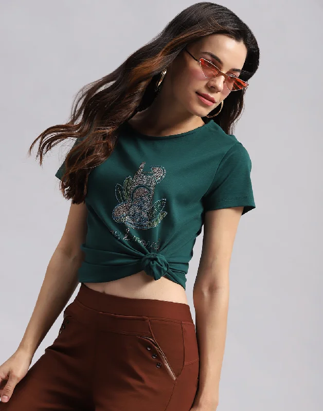 Your Weekend, Your Savings Women Green Printed Round Neck Half Sleeve Top