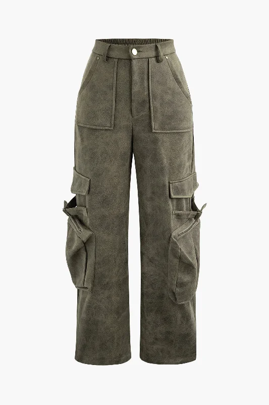 Weekend Shopping Extravaganza Faux Suede Multi Pocket Straight Leg Cargo Pants