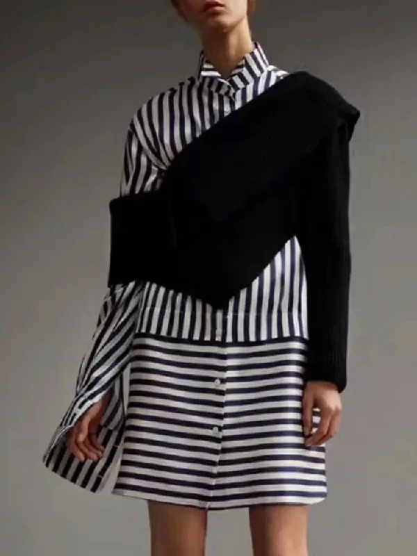 Closeout Casual Knitted Slash Neck Sweater Striped Dress Set For Women