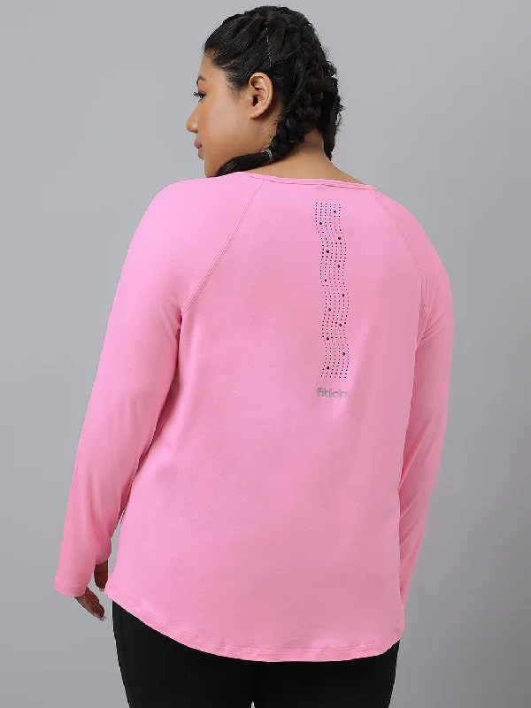 Exclusive Online Offer Fitkin Plus Size Anti-Odor Super Soft Pink Laser Detail Long Sleeve Tshirt