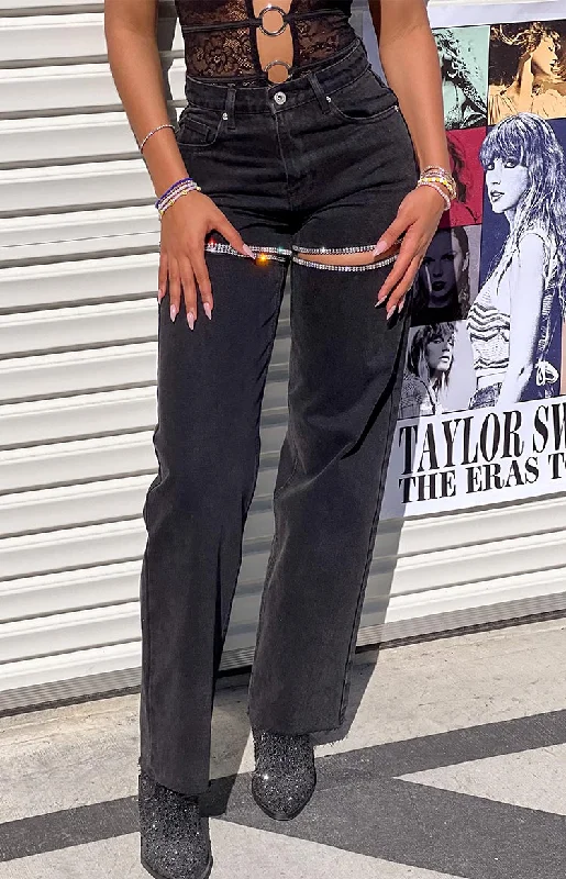 Online Only Gem Diamante Trim Wide Leg Black Denim Jeans
