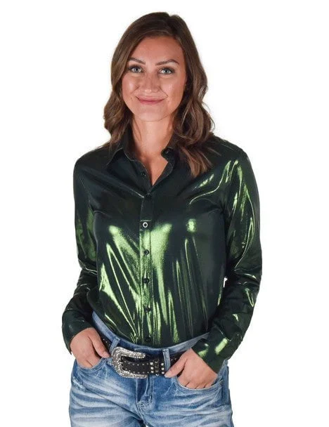 Weekend Savings Sensation Cowgirl Tuff Womens Shiny Metallic Dark Green Polyester L/S Shirt