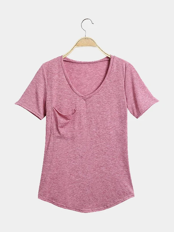 Online Exclusive OEM ODM V-Neck Pink Casual Style Front Pocket T-Shirts