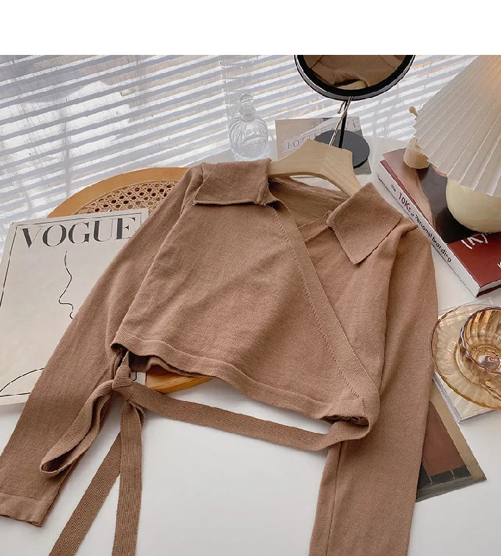 Discount Extravaganza Niche design cross Lapel strap short sweater  6617