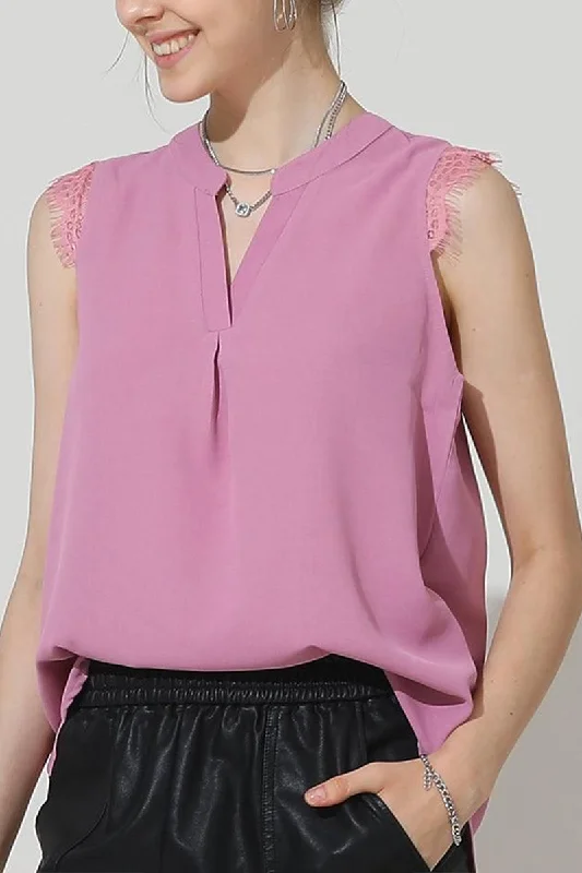 Discount Mania LACE SLEEVELESS FOLDED CHEST V NECK TUNIC TOP