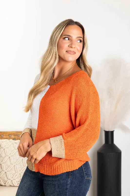 Limited Time Offer Orange Colorblock V-Neck Loose Knit Sweater