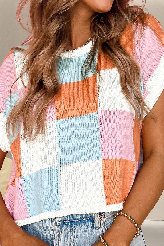 Exclusive Savings Color Block Round Neck Cap Sleeve Knit Top