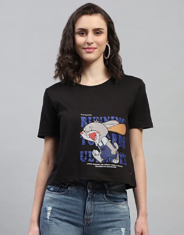 Weekend Specials to Love Women Black Printed Round Neck Half Sleeve Top
