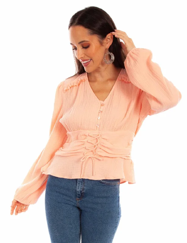 Stock Clearance Scully Womens Lace Tie Blush 100% Cotton L/S Tunic