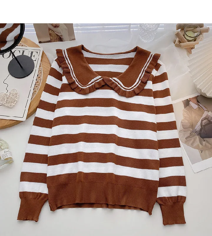 Act Fast Lace doll neck contrast stripe long sleeve versatile top  6616