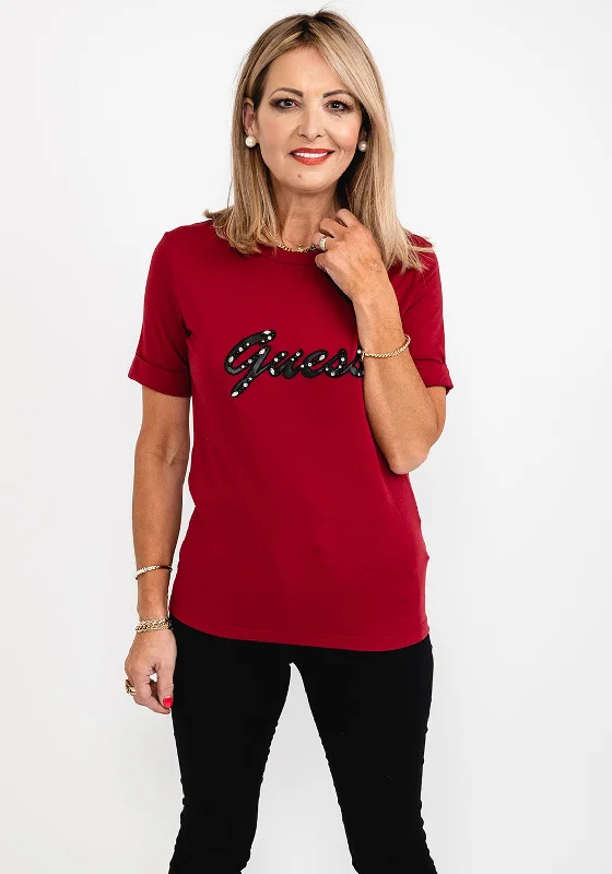 Mega Sale Guess Womens Script Embellished T-Shirt, Red