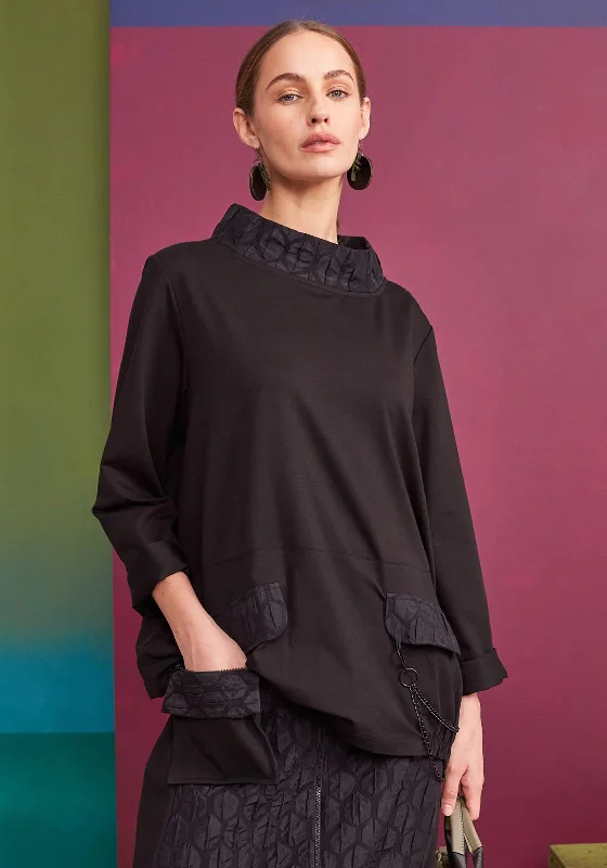 Markdown Sale Naya Embossed Pattern High Collar Top, Black