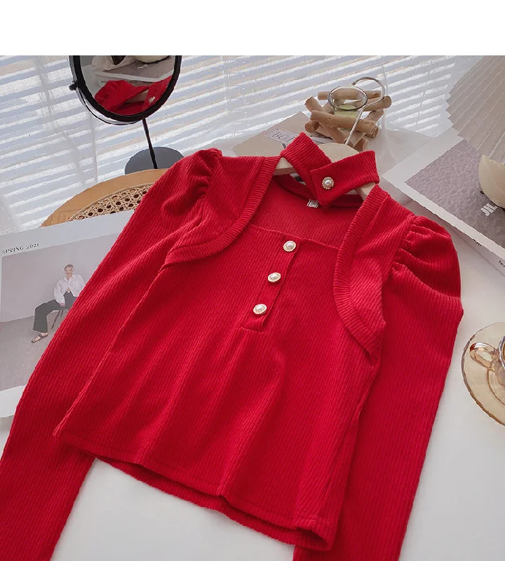 New Markdowns Vintage French long sleeve square neck top hanging neck sweater  6630