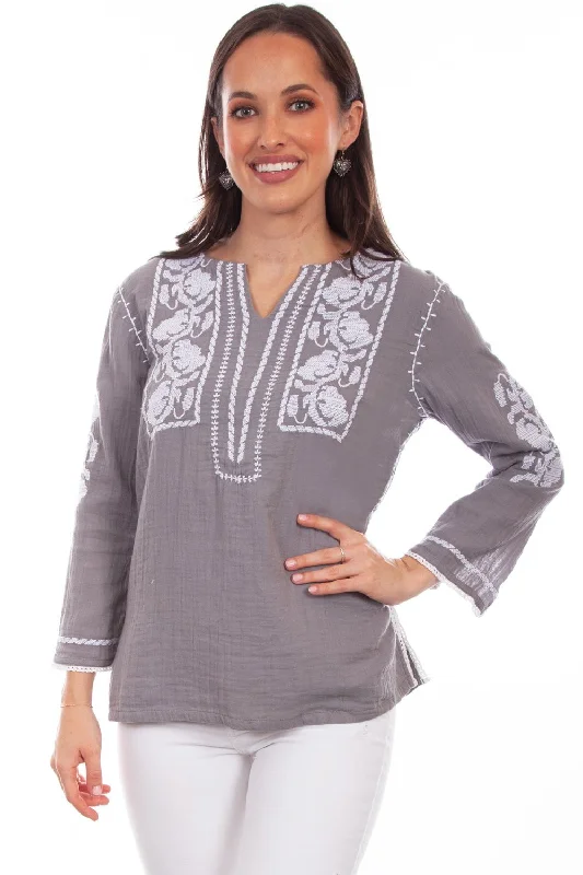 Daily Deals Scully Womens Grey 100% Cotton White Floral S/S Blouse