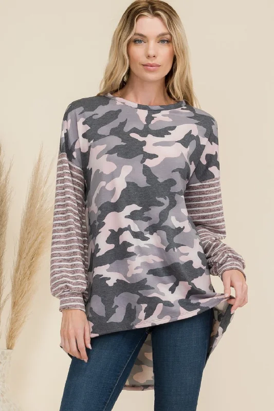Deal Frenzy Celeste Full Size Camo Print High-Low T-Shirt with Stripe Sleeves