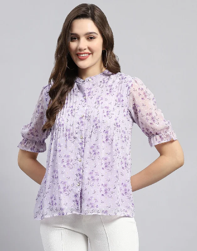 Overstock Women Purple Printed Mandarin Neck Half Sleeve Top