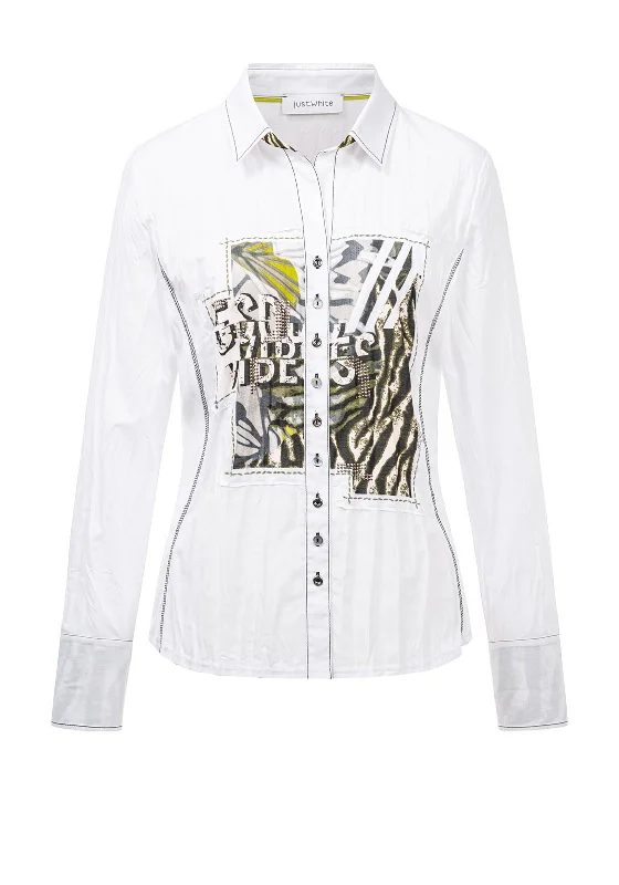 Price Meltdown Just White Animal Print Panel Crease Shirt, White
