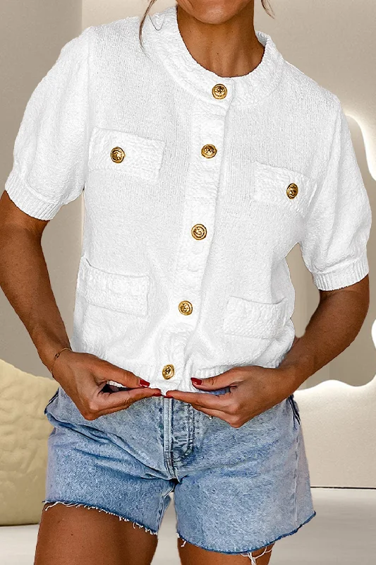 Extra Savings Button Up Round Neck Short Sleeve Knit Top