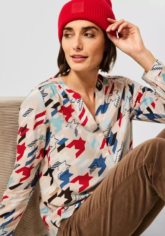 Weekend Steals Await Cecil Bold Houndstooth Print Button Blouse, Beige Multi