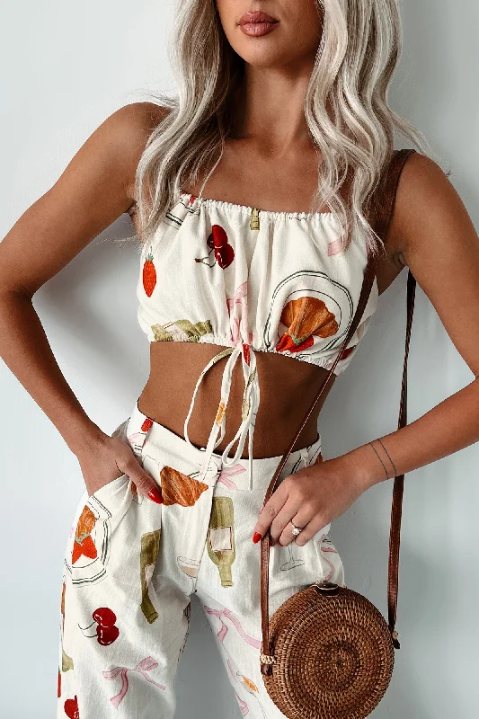Price Buster French Bistro Printed Drawstring Crop Top (Ivory)