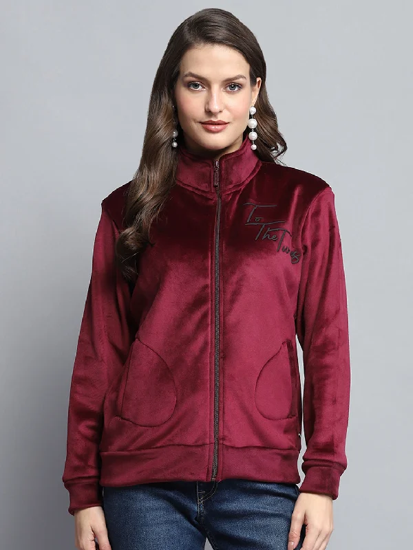Savings Spectacular Women Maroon Printed Mock Neck Full Sleeve Sweatshirt