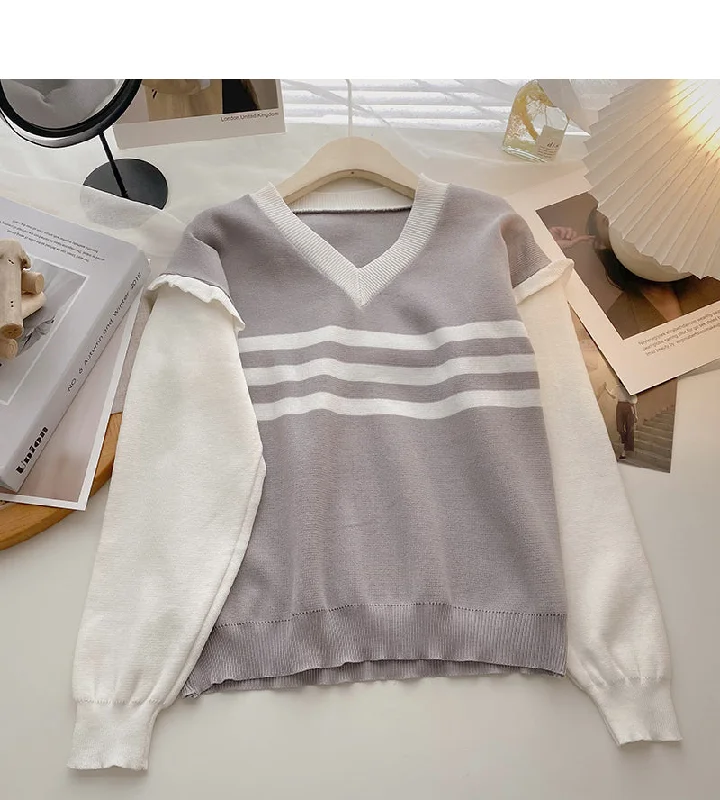 Daily Deals Striped V-neck color blocking long sleeve T-shirt  6615