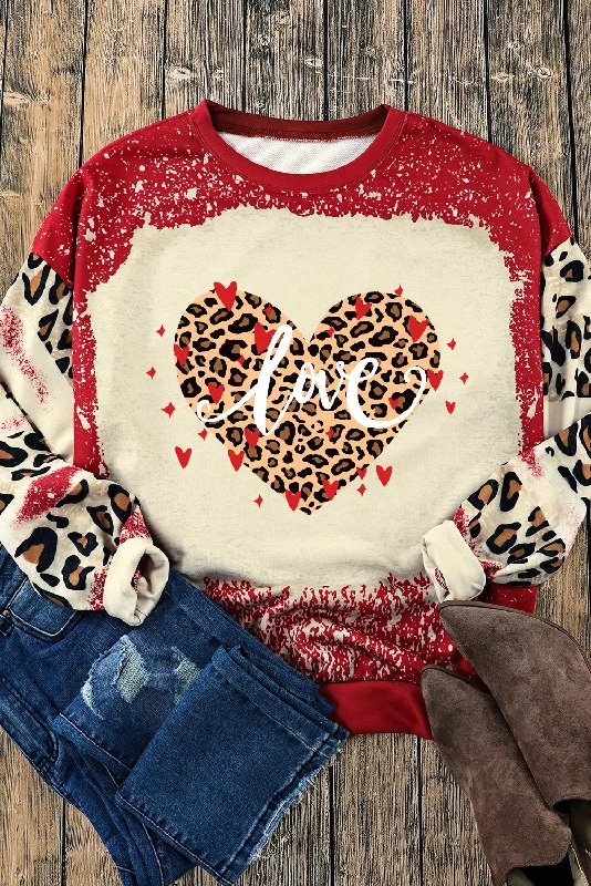 Weekend Deals That Impress Red love Leopard Bleached Heart Graphic Sweatshirt