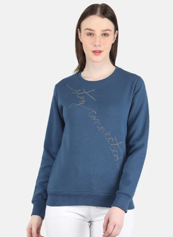 Exclusive Deal Women Blue Embroidered Round Neck Full Sleeve Sweatshirt