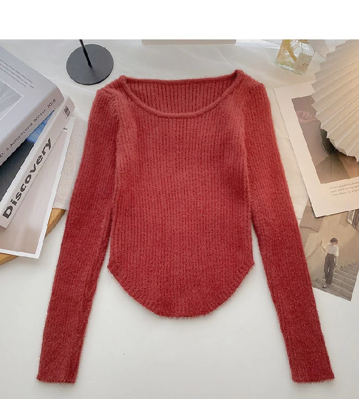 Limited Availability Design sense knitwear short irregular long sleeve top  6614