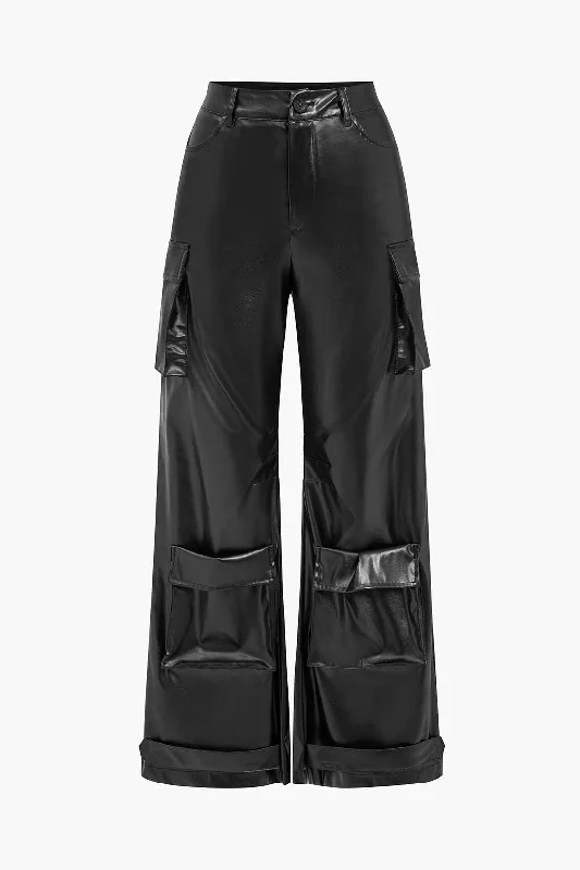 Weekend Deals You Can't Resist Faux Leather Pocket Wide Leg Trousers