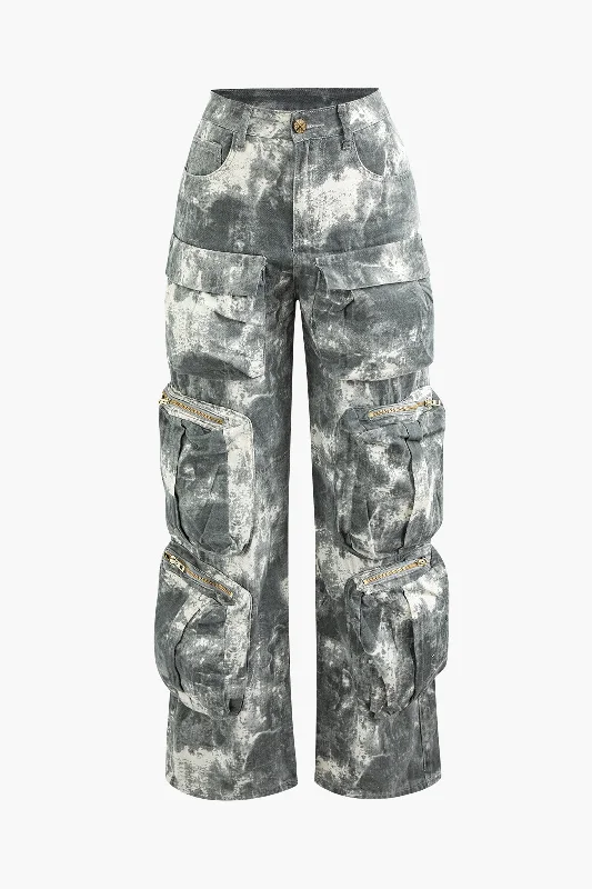 Extra Savings Tie Dye Multi Pocket Straight Leg Cargo Jeans