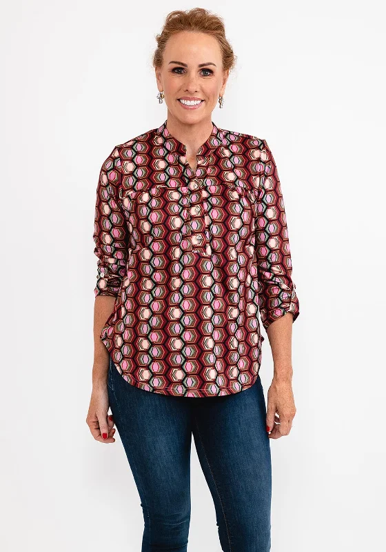 Limited Availability Leon Collection Abstract Geo Print Half Button Top, Multi