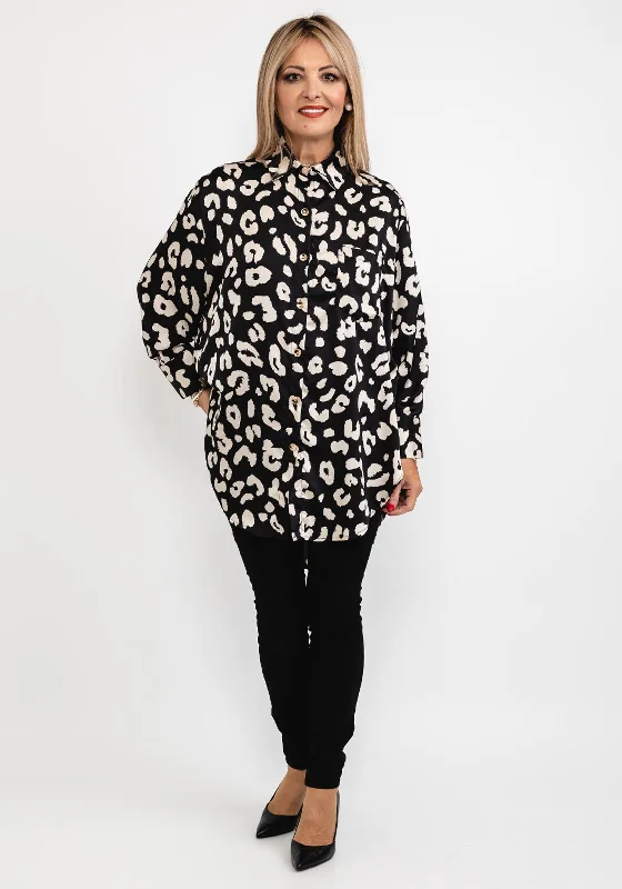 Hurry Up Seventy1 Animal Print Long Oversize Tunic Shirt, Black & Cream