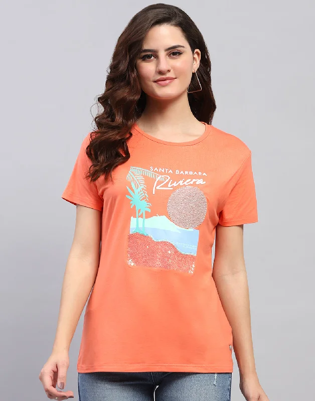 New Arrival Women Orange Printed Round Neck Half Sleeve Top