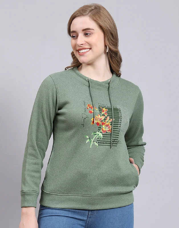 Don’t Miss Out Women Green Printed Round Neck Full Sleeve Sweatshirt
