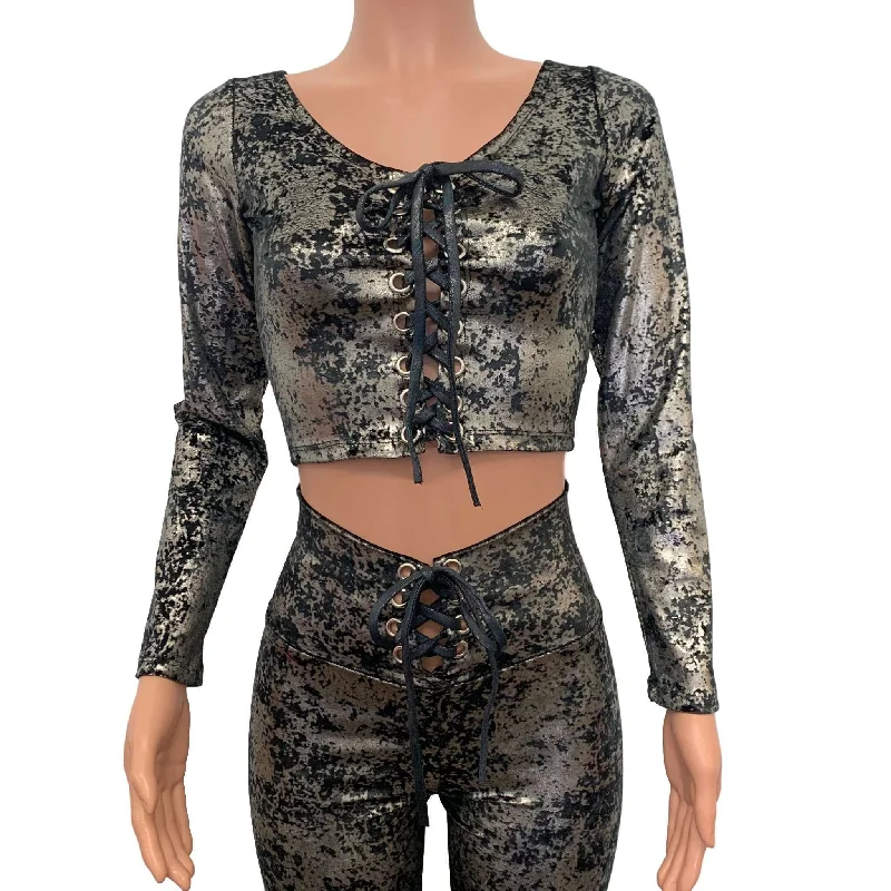 Weekend Offers That Shine Long Sleeve Lace-Up Crop Top - Gunmetal on Black Gilded Velvet Weekend Offers That Shine Long Sleeve Lace-Up Crop Top - Gunmetal on Black Gilded Velvet