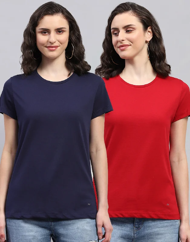 Weekend Savings Fiesta Women Navy Blue & Red Solid Round Neck Half Sleeve Top (Pack of 2)