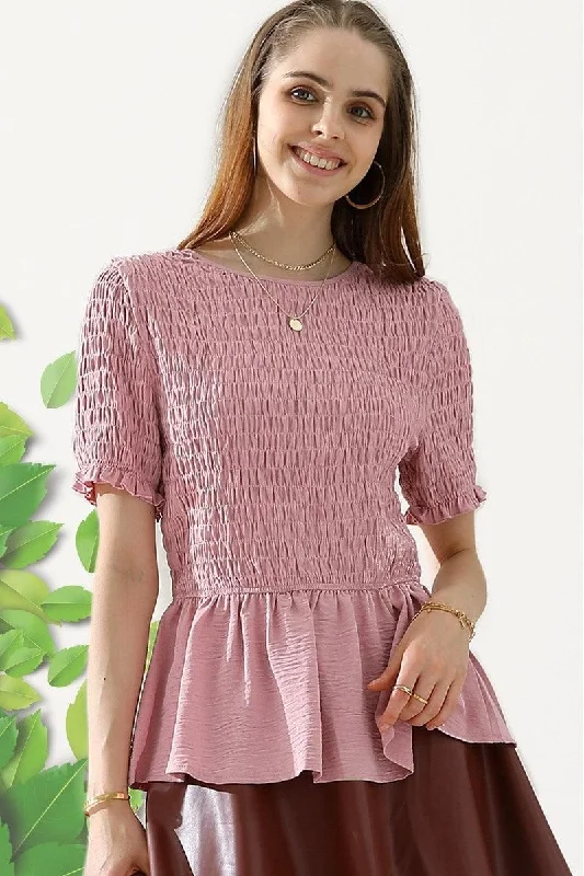 Overstock Sale SMOKED RUFFLE SHORT SLEEVE TUNIC TOP