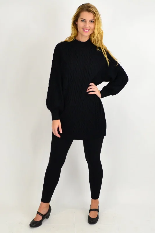 Hurry In Black Cable Knit Woolly Tunic Jumper