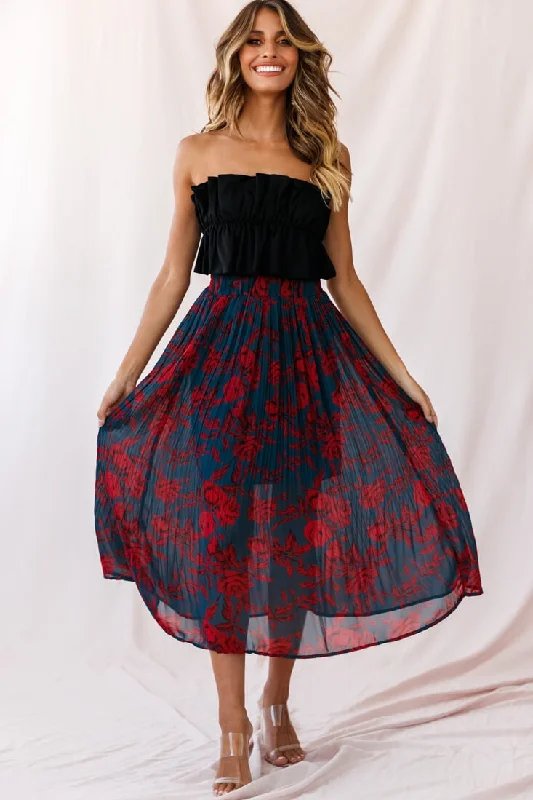 Great Bargain Caroline Accordion Pleat Midi Skirt Forest Green/Red