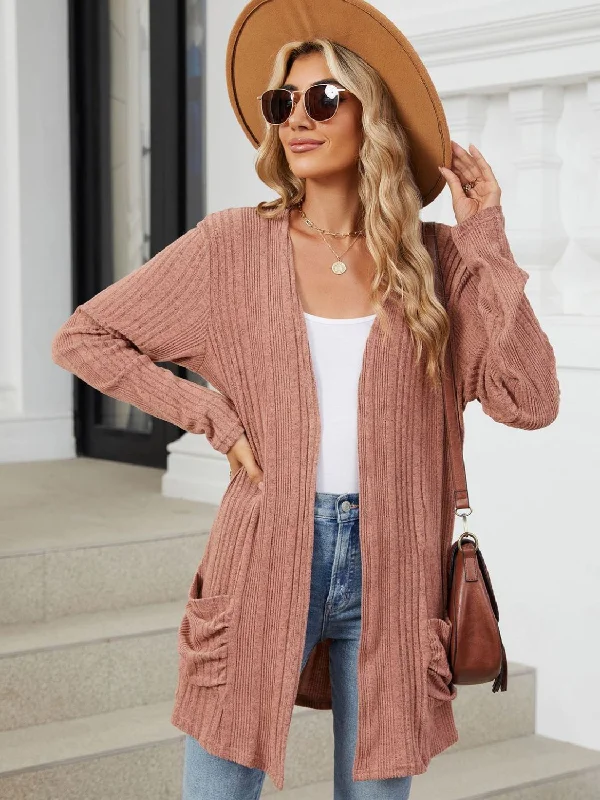 Special Buy Pocketed Open Front Long Sleeve Cardigan