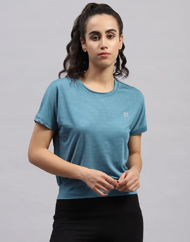 Online Only Women Turquoise Blue Solid Round Neck Half Sleeve Top