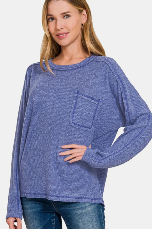 Quick Sale Zenana Full Size Contrast Stitching Brushed Ribbed Hacci Knit Top